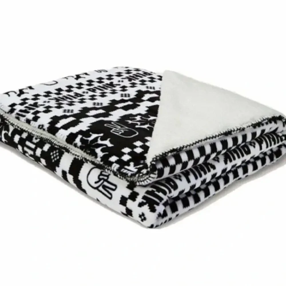 Victoria's Secret PINK Sherpa Blanket Fair Isle Peace Sign Throw Black White Dog